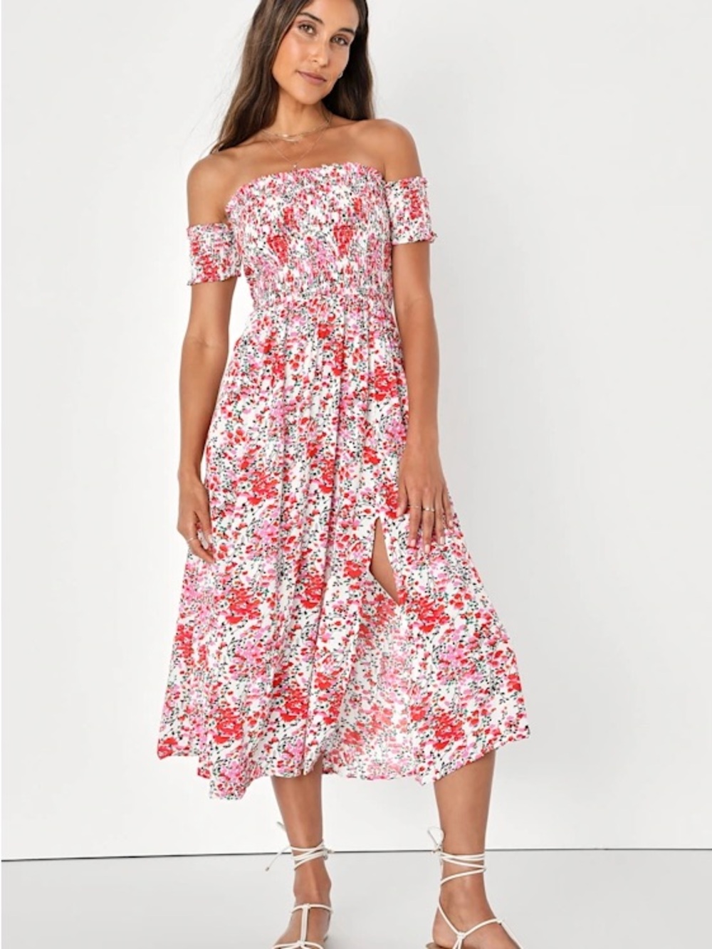 Lulu's White & Pink Floral One-Shoulder Midi Dress